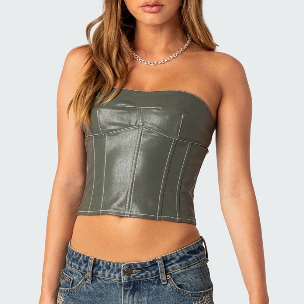 Edikted Moss Faux Leather Lace Up Corset